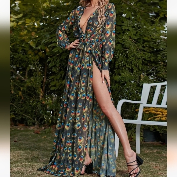 Peacock Print,  Long Sleeved,  Deep V Neck,  Slit Thigh, Mermaid Gown - Picture 3 of 10